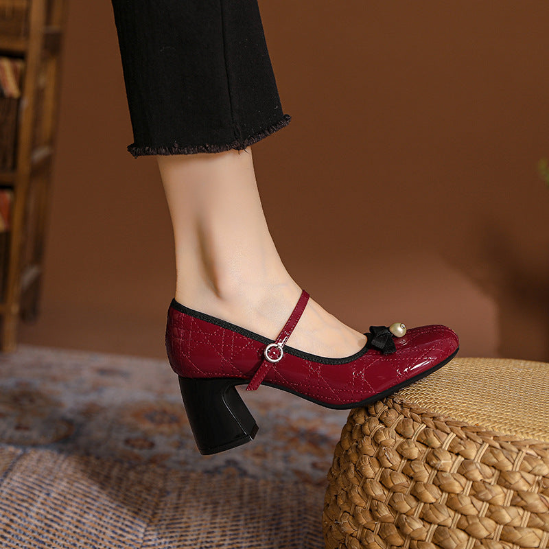 Wine Red Quilted Patent Leather Mary Jane Block Heel Pumps with Black Bow & Pearl Detail | Vintage Chic Women's Heels