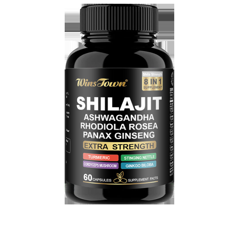 WinsTown Shilajit 8-in-1 Extra Strength Supplement | Ashwagandha Rhodiola Ginseng Turmeric Cordyceps | 60 Capsules Energy & Vitality Support