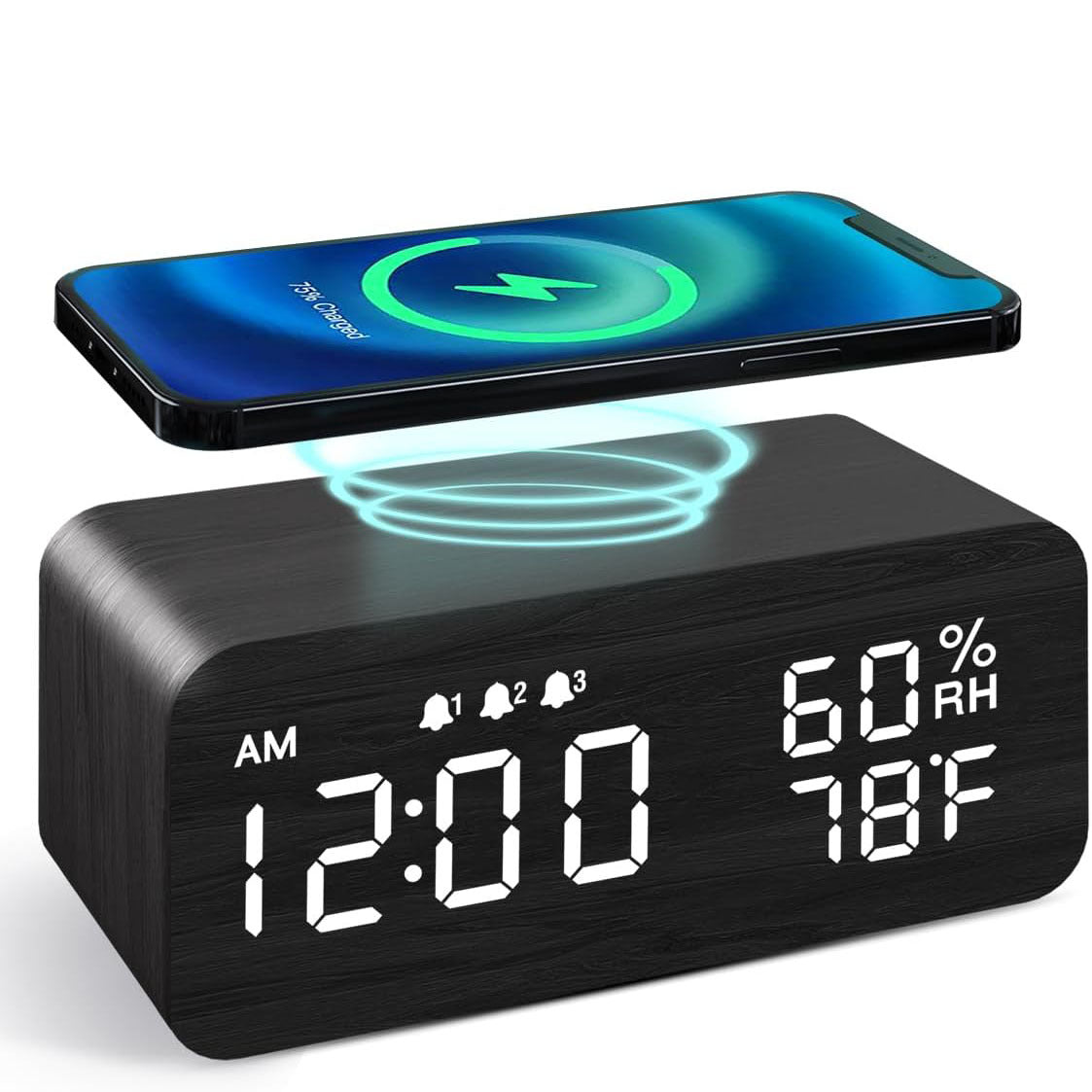 Wireless Charging Station Alarm Clock with Digital Display Temperature Humidity Wood Grain Design Qi Fast Wireless Charger for iPhone Android
