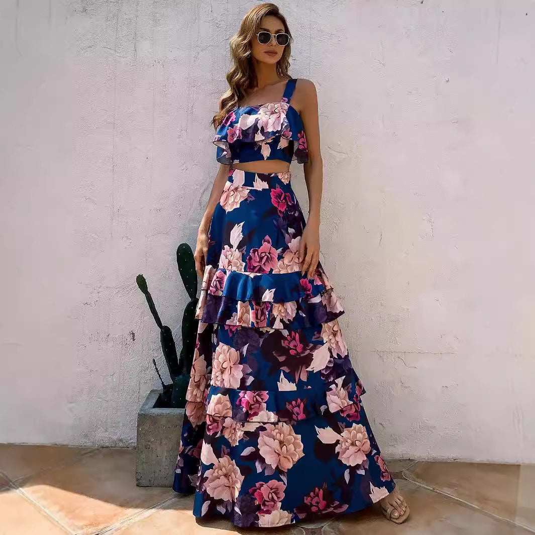 Women's 2 Piece Floral Print Crop Top & Tiered Ruffle Maxi Skirt Set - Blue Pink Spaghetti Strap Summer Boho Vacation Co-Ord Set
