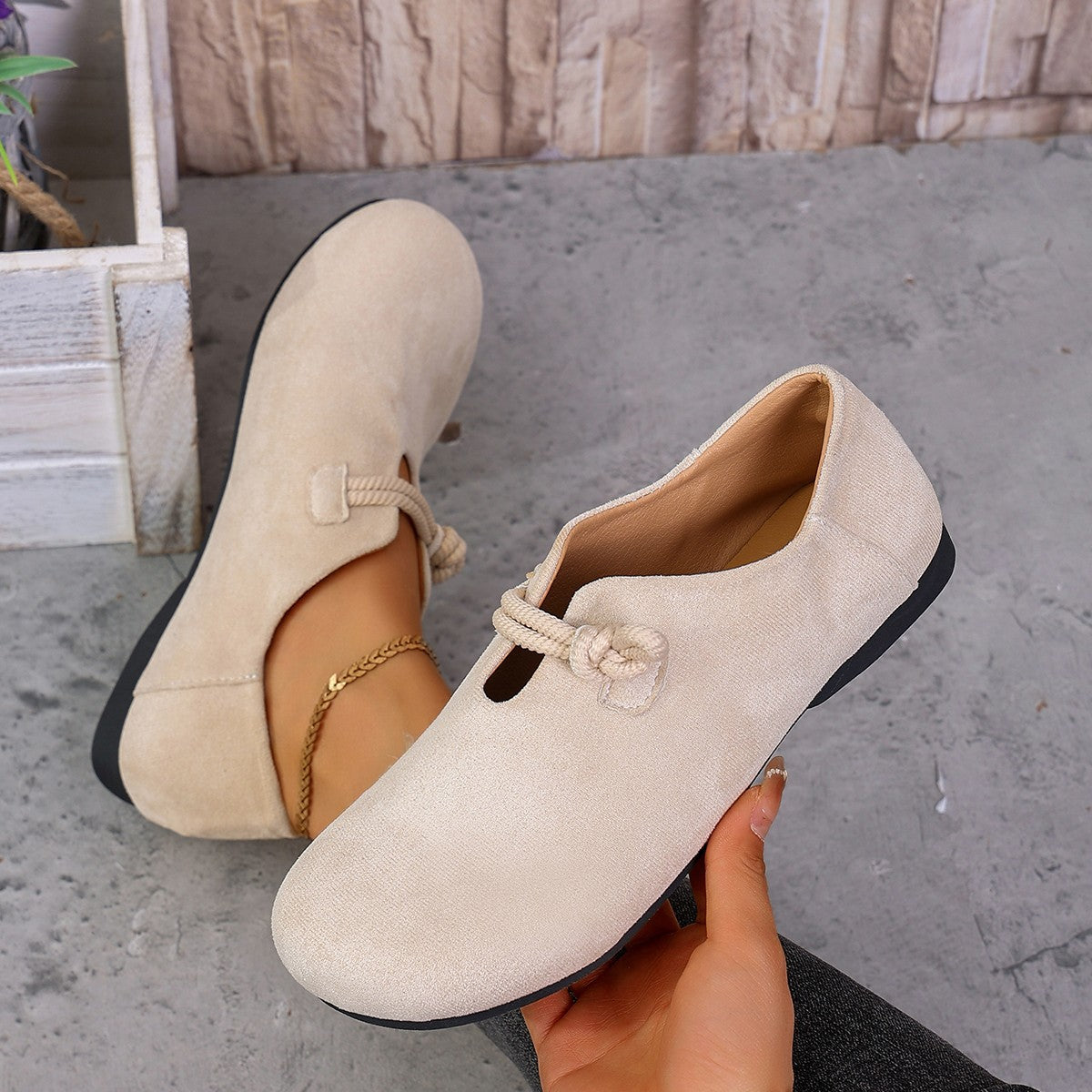 Women's Beige Suede Rope Knot Mary Jane Flats ? Minimalist Slip-On Round Toe Casual Shoes