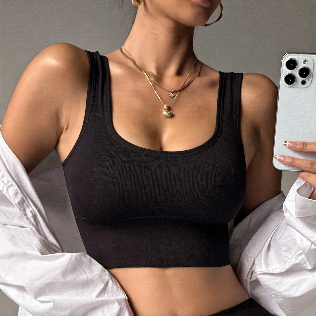 Women's Black Ribbed Square Neck Crop Top Bra with Wide Straps, Seamless Padded Sports Bra for Gym and Casual Wear