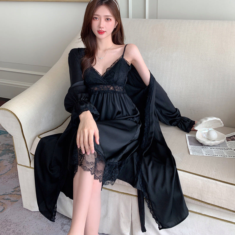 Women's Black Satin Lace Trim Nightgown and Robe Set Sexy 2 Piece V Neck Slip Dress with Long Sleeve Dressing Gown Sleepwear