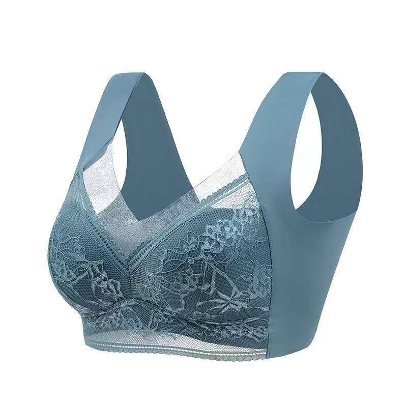 Women's Blue Lace Wireless Bralette with Wide Straps, Floral Lace Cups and V Neckline for Everyday Comfort