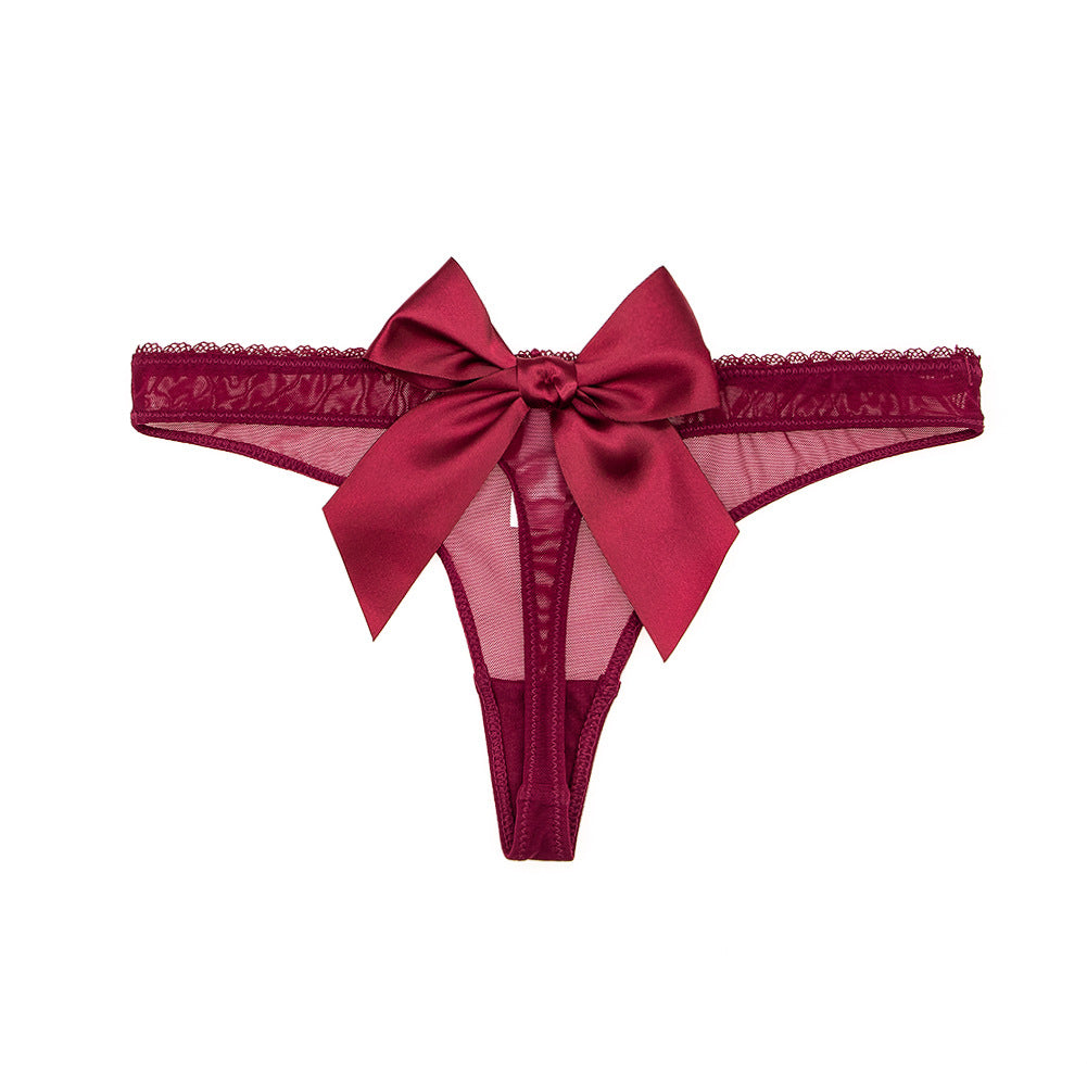 Women's Burgundy Lace Thong with Satin Bow | Sheer Mesh Floral Lace Panty | Sexy Lingerie Underwear