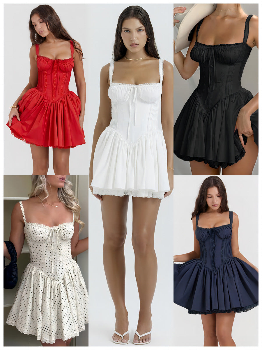 Women's Corset Bodice Mini Dress Sexy Boned Bustier Square Neck Lace Trim Flared Skirt Party Dress 5 Colors