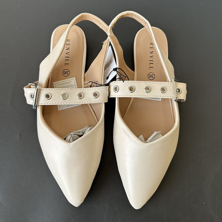 Women's Cream Pointed Toe Slingback Flats with Eyelet Buckle Strap ? Elegant Minimalist Mary Jane Style Shoes