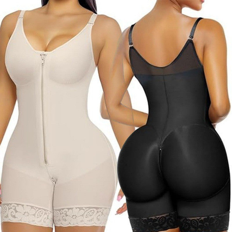 Women's Full Body Shapewear Bodysuit | Tummy Control Butt Lifter Fajas | Zipper Front Lace Hem Waist Trainer Nude Black