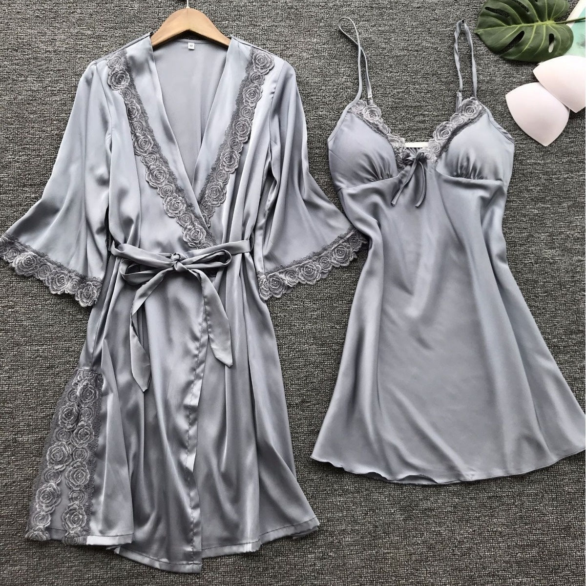 Women's Gray Satin Rose Lace Trim Robe & Slip Nightgown Set ? Luxury 2-Piece Bridal Sleepwear Set