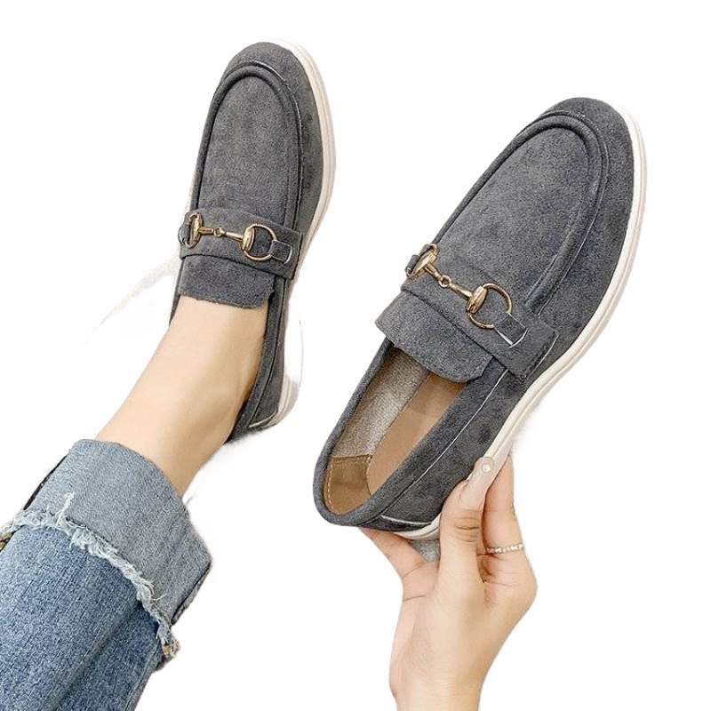 Women's Grey Suede Horsebit Loafers ? Luxury Inspired Slip-On Flat Shoes with Gold Hardware