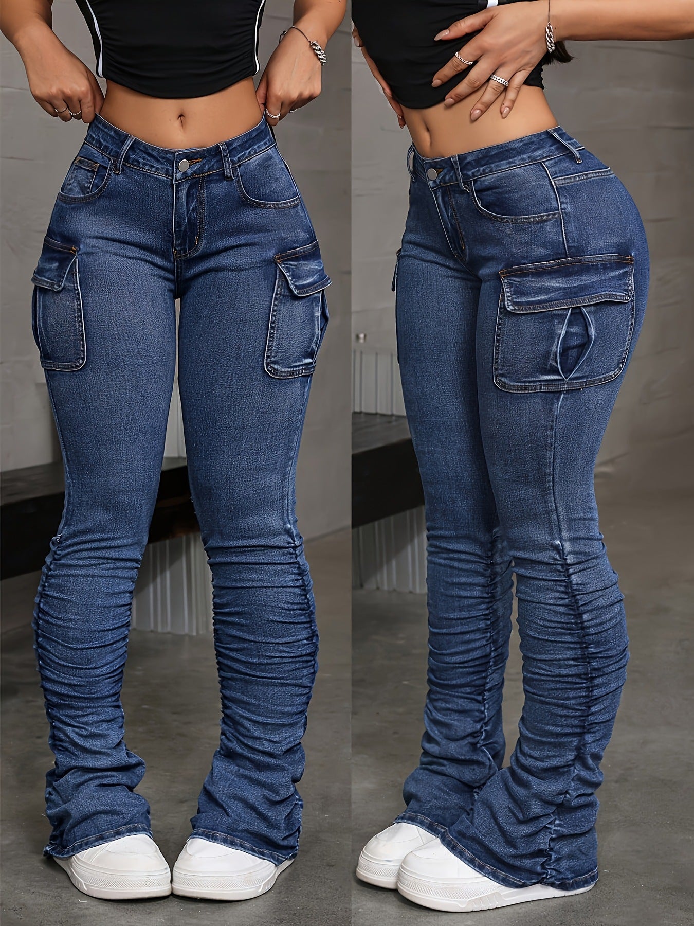 Women's High Waist Stacked Cargo Jeans | Blue Denim Ruched Flare Pants | Multi Pocket Stretchy Skinny Jeans | Streetwear Fashion