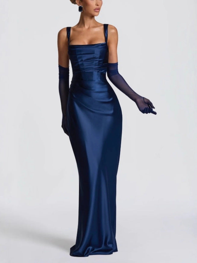 Women's Navy Blue Satin Maxi Dress | Square Neck Ruched Bodycon Formal Gown with Gloves | Elegant Evening Prom Wedding Dress