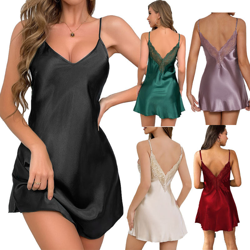 Women's Satin Lace Back V-Neck Slip Nightgown ? Sexy Mini Sleep Dress in Multiple Colors