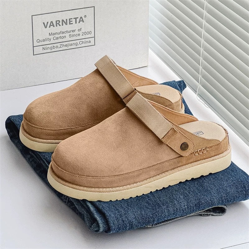 Women's Suede Platform Clogs with Back Strap | Closed Toe Mule Slippers | Camel Tan Casual Shoes | Cozy Everyday Footwear