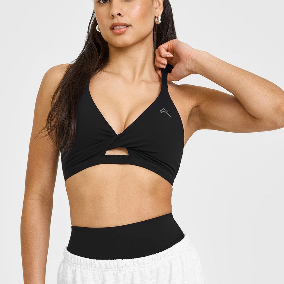 Women's Twist Front Cutout Sports Bra | V-Neck Crop Athletic Bralette | Wide Band Workout Bra