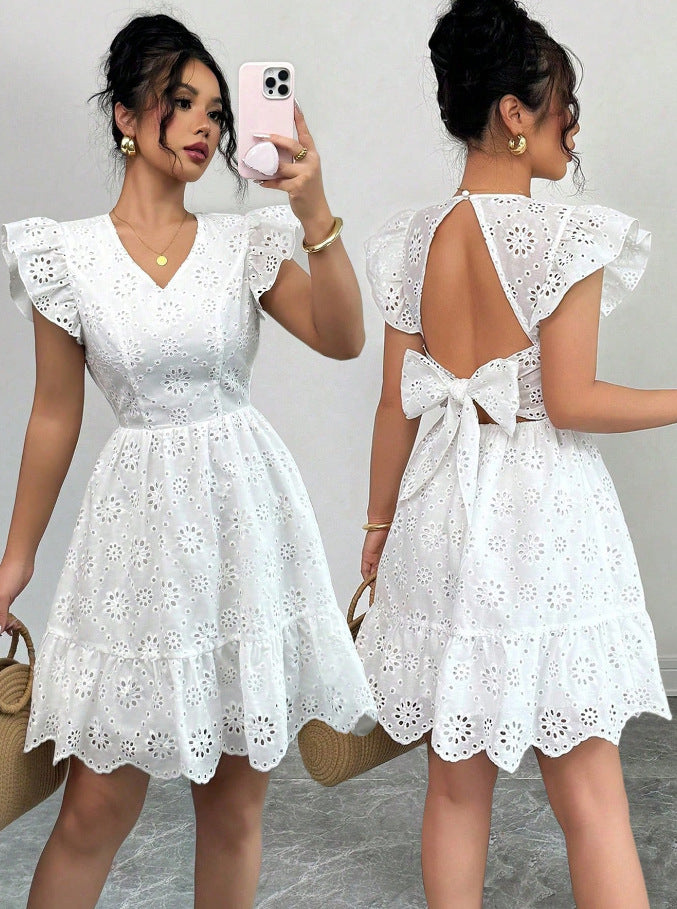 Women's White Eyelet Embroidery Mini Dress Open Back Bow Ruffle Sleeve V-Neck Boho Summer Party Dress