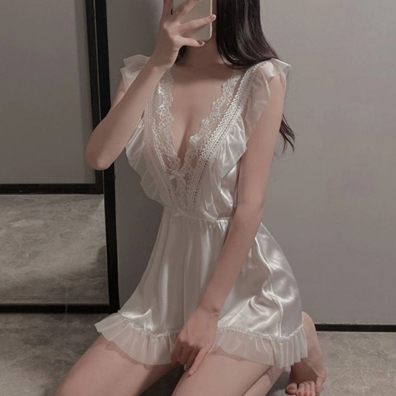 Women's White Satin Ruffle Lace Babydoll Nightgown Sexy Deep V Neck Sleeveless Mini Sleep Dress Chemise