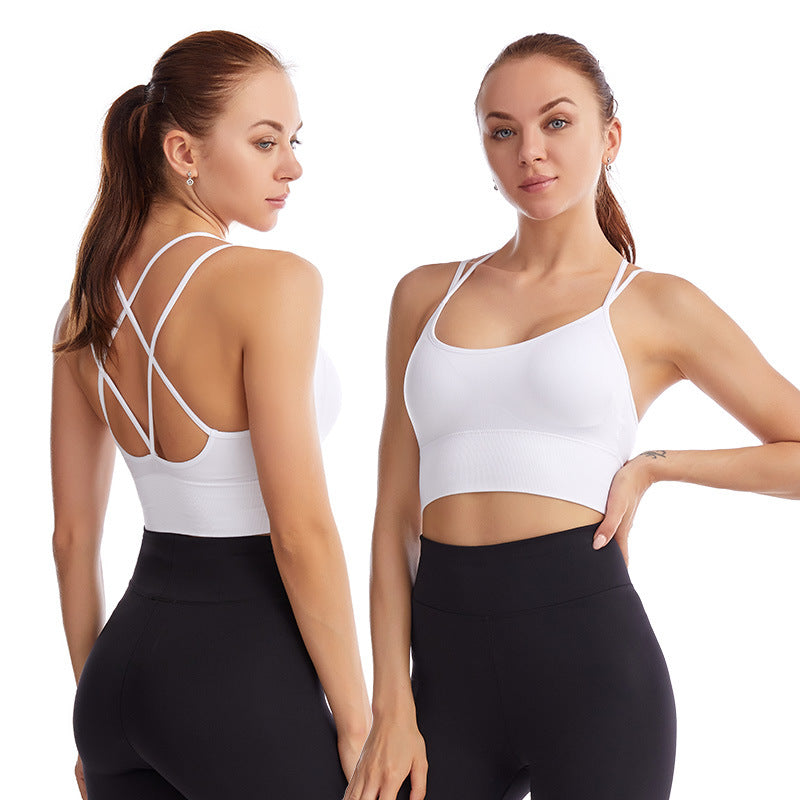 Women's White Strappy Criss Cross Back Sports Bra with Spaghetti Straps, Padded Yoga Bra for Gym and Workout