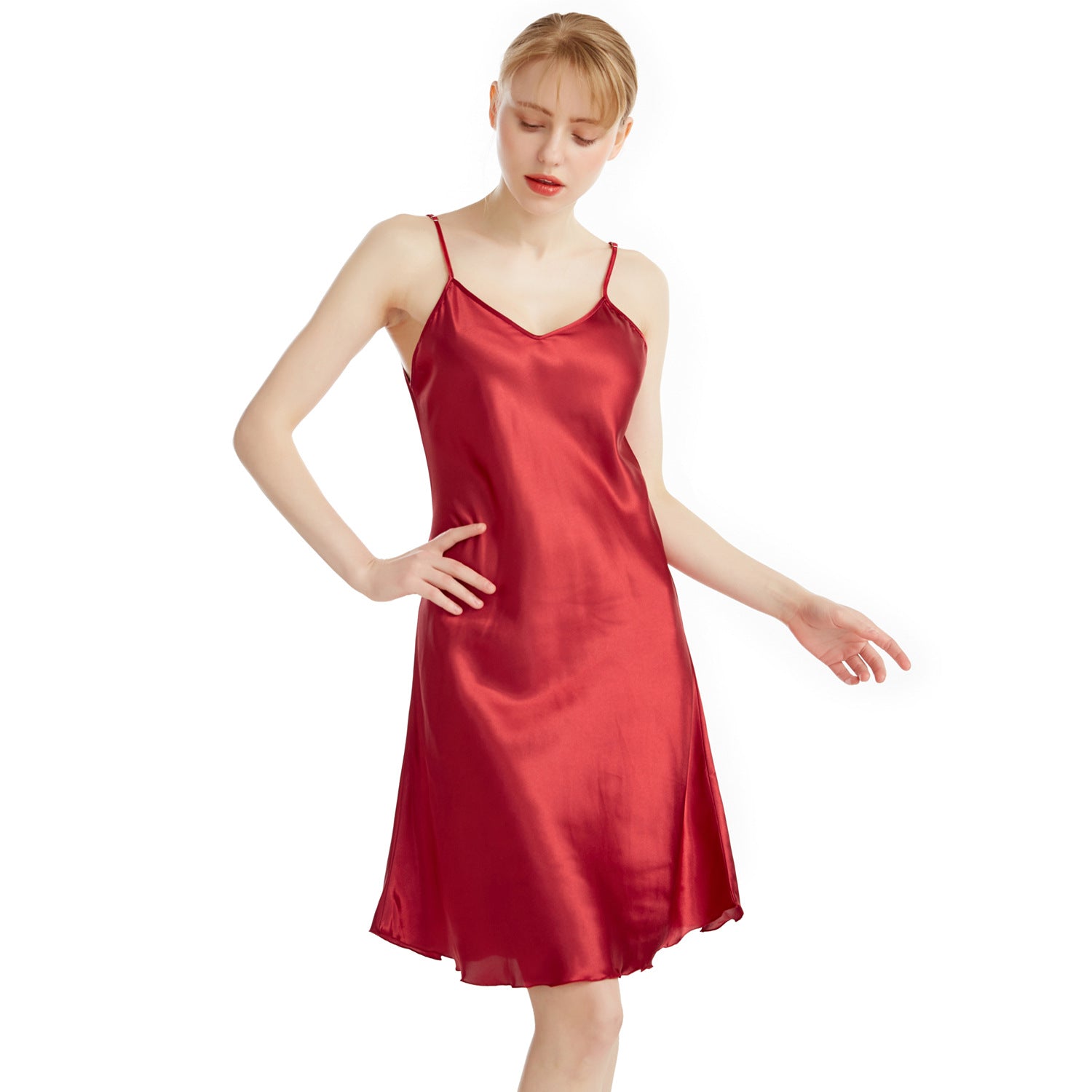 Women's Wine Red Satin V Neck Midi Slip Nightgown Elegant Sleeveless A-Line Sleep Dress Chemise Luxury Sleepwear