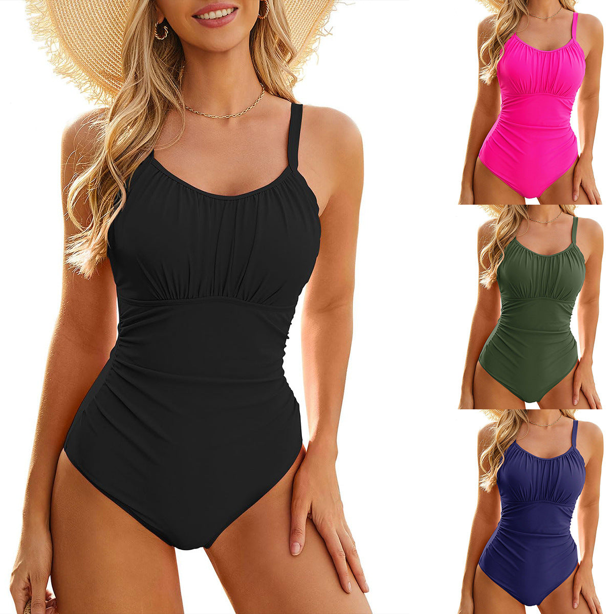 Ruched One Piece Swimsuit Women, Tummy Control Scoop Neck Spaghetti Strap Bathing Suit, Slimming Flattering Swimwear, Multi Color Beach Pool Vacation Swim Gift