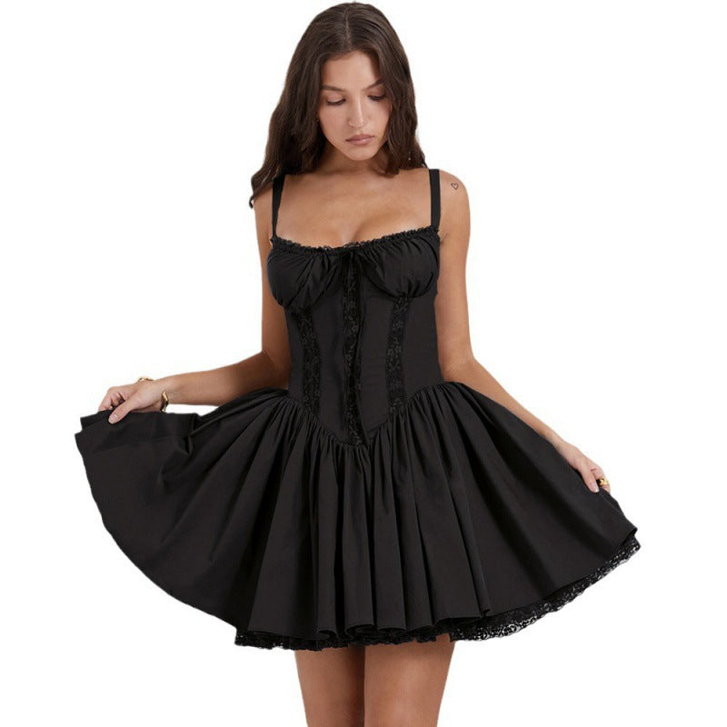 Womens Black Corset Mini Dress with Lace Trim Spaghetti Straps Sweetheart Ruched Bodice Flared Skirt Vintage Party Dress for Night Out