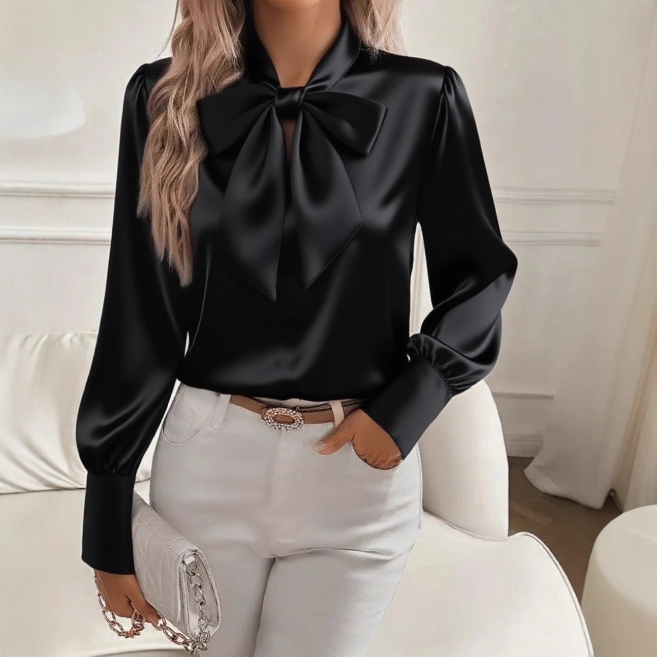 Womens Black Satin Bow Tie Neck Blouse Elegant Long Sleeve Puff Shoulder Silk Like Top for Office Work Party and Formal Occasions