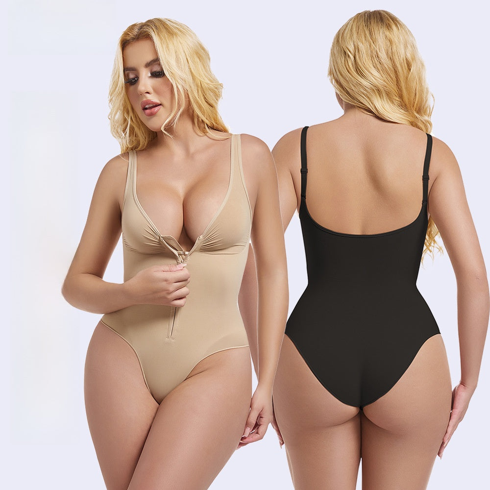 Womens Seamless Tummy Control Bodysuit Shapewear with Zipper Front Deep V Neck Adjustable Straps Thong Body Shaper in Nude and Black