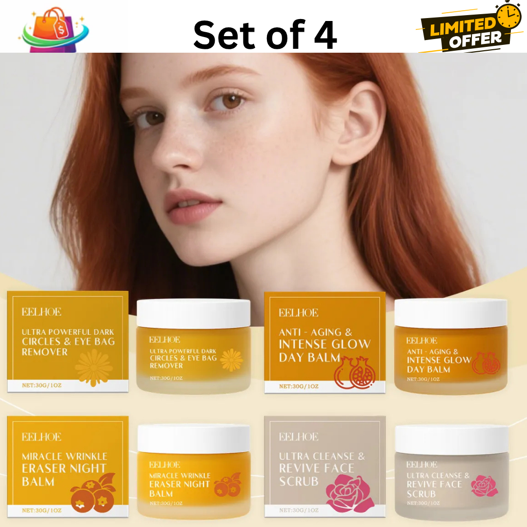 EELHOE 4-Piece Skincare Set | Dark Circle Eye Cream + Anti-Aging Day Balm + Wrinkle Night Balm + Face Scrub | Complete Glow Kit