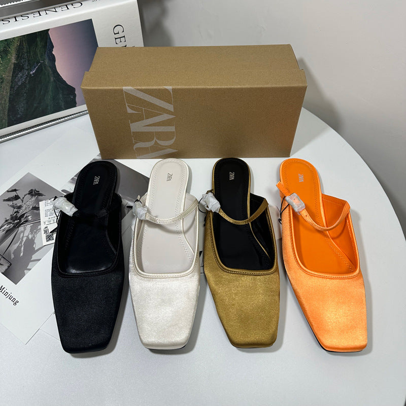 Zara Satin Square Toe Mule Flats | Black White Gold Orange Slip-On Flat Shoes for Women