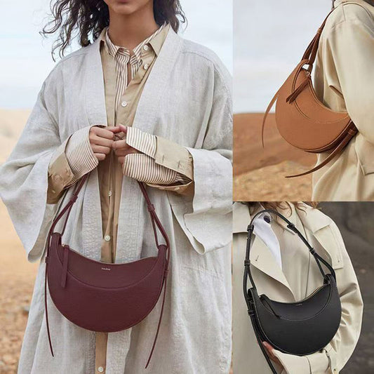Polene Style Cream Crescent Bag - Half Moon Leather Shoulder Bag | Women's French Inspired Minimalist Hobo Bag with Adjustable Strap