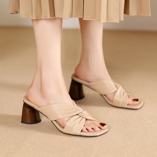 Women's Twisted Knot Mule Heels | Square Toe Block Heel Sandals | Cream Leather Slip-On Dress Shoes