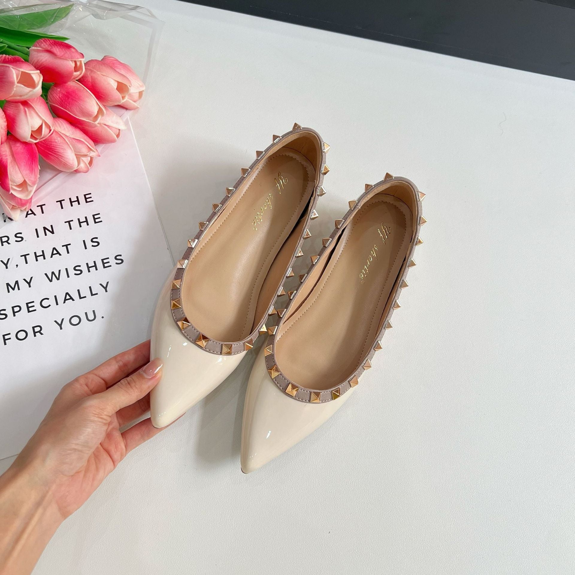 Black Patent Leather Studded Strap Pointed Toe Flats | Women's Rockstud Ballet Slingback Shoes