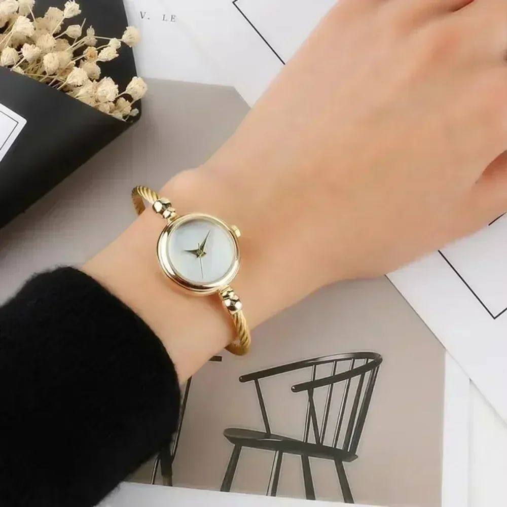Gold Bangle Cuff Watch Women | Twisted Wire Open Bracelet | Black & White Dial Options | Dainty Minimalist Jewelry Watch