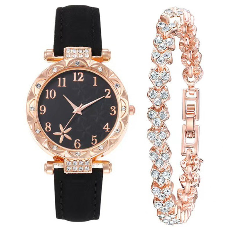 Women's Rose Gold Diamond Watch & Pearl Jewellery Gift Set | 6 Piece White Leather Strap Watch Necklace Earring Bracelet Ring Set