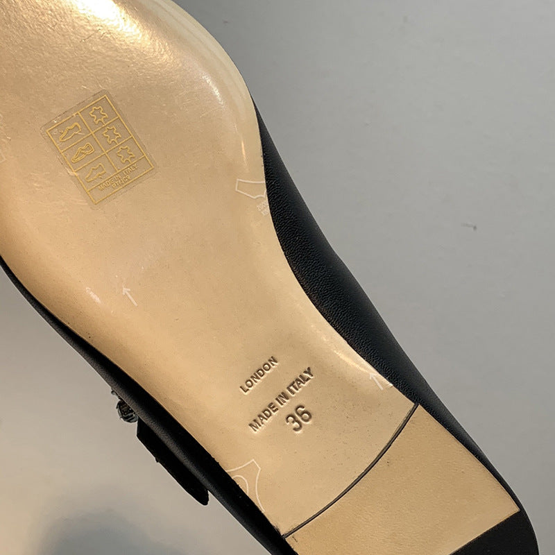 Women's Black Leather Pointed Toe Mary Jane Flats with Crystal Rhinestone Buckle ? Jimmy Choo Inspired Luxury Flat Shoes