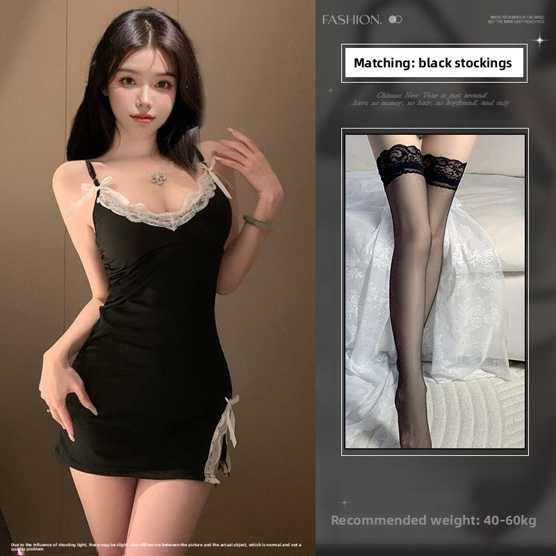 Women's Red Satin White Lace Trim Mini Nightgown Sexy Open Bust Side Bow Ribbon Sleepwear Chemise Lingerie Dress