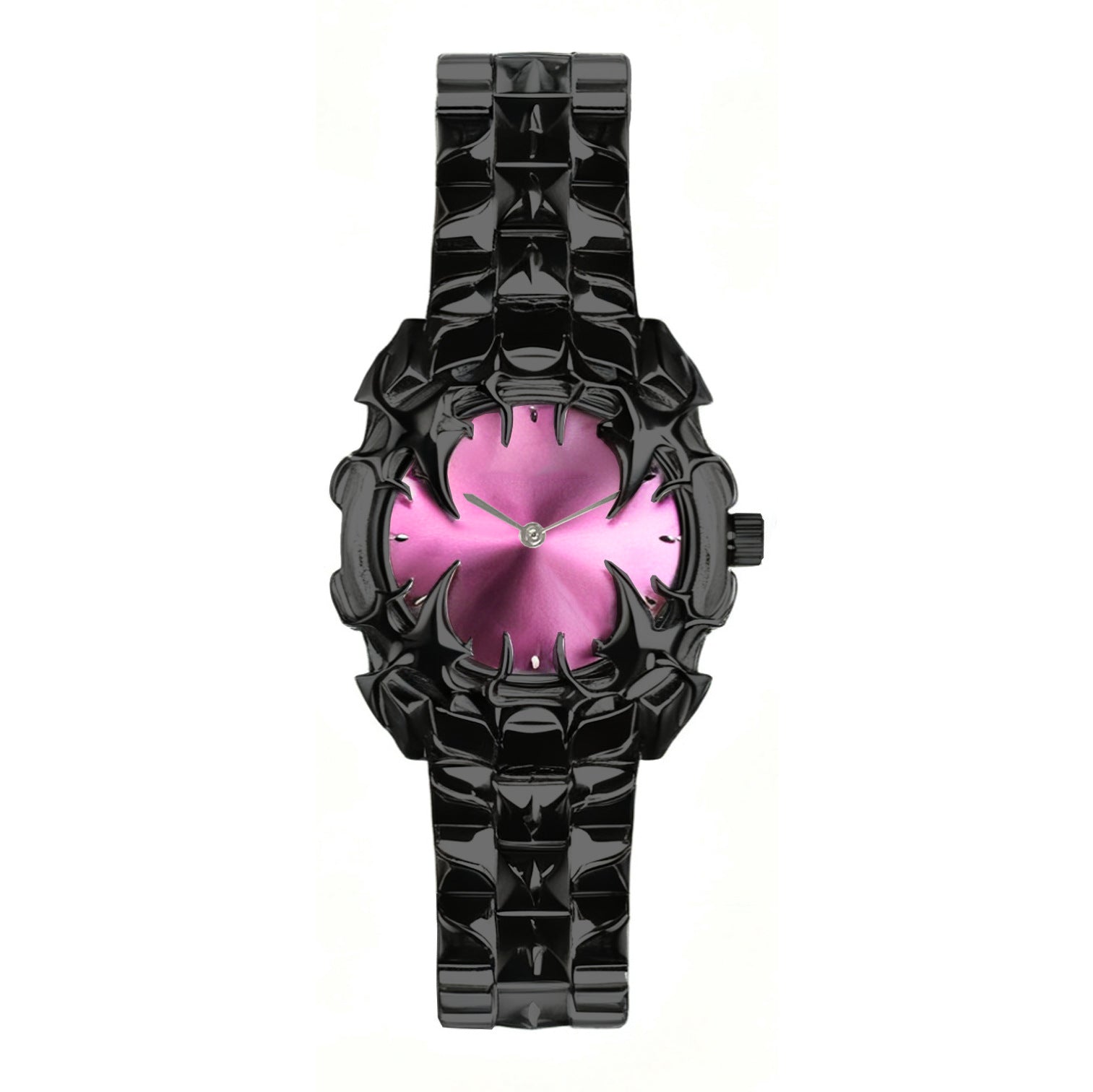 Gothic Black Thorn Spike Watch for Men | Red Dial Dark Luxury Stainless Steel Quartz Timepiece