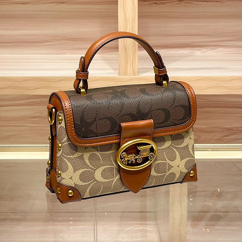Genuine Leather Signature Monogram Mini Top Handle Crossbody Bag - Tan Canvas with Pink & Green Colorblock Trim - Gold Horse Carriage Turn Lock Flap Satchel - Women's Designer Style Handbag