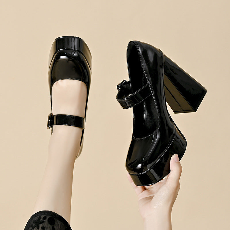 Black Patent Leather Platform Mary Jane Chunky Heels | Women's Square Toe Block Heel Ankle Strap Pumps | Bold Glossy High Heels
