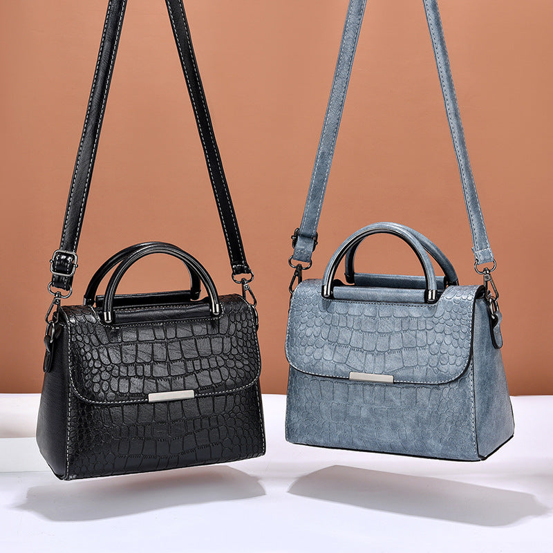 Black Crocodile Embossed Leather Handbag - Structured Top Handle Crossbody Bag with Shoulder Strap | Women's Designer Style Purse