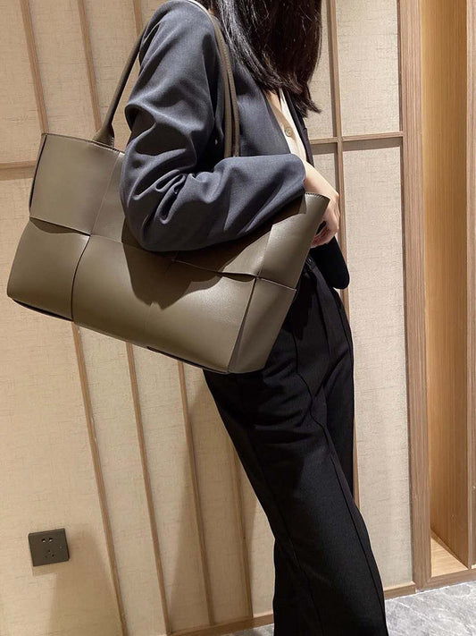 Women's Genuine Leather Woven Tote Bag - Large Intrecciato Weave Handbag in Tan Cognac Brown - Luxury Structured Top Handle Shopper Bag - Designer Inspired Everyday Work Bag