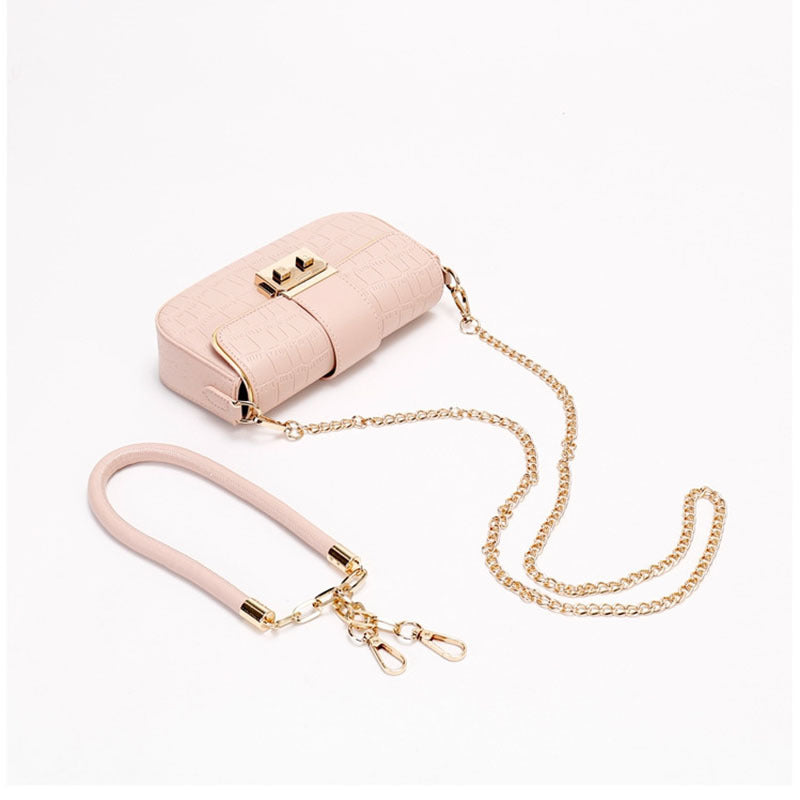 Pink Crocodile Embossed Shoulder Bag - Designer Inspired Baguette Bag with Chain Strap | Gold Lock Closure Flap Bag