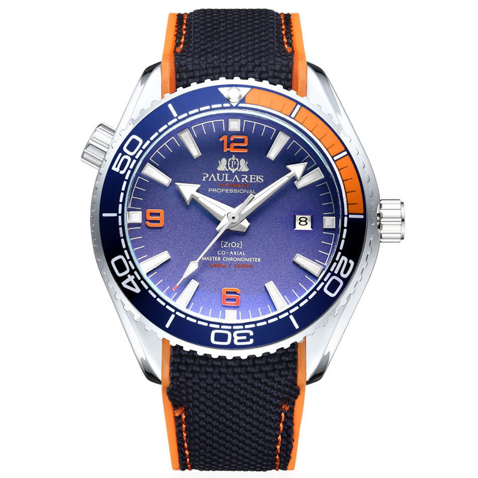 Paulares Professional Men's Diver Watch | Cream Dial Orange Bezel Grey NATO Nylon Strap Master Chronometer Sport Timepiece