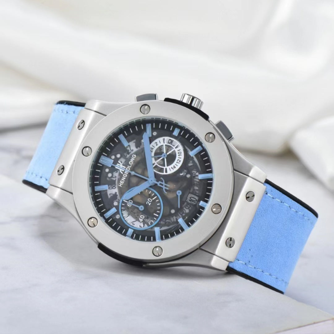 Hengbolong Skeleton Chronograph Men's Watch | Silver Screw Bezel Sky Blue Suede Strap Hollow Dial Date Watch