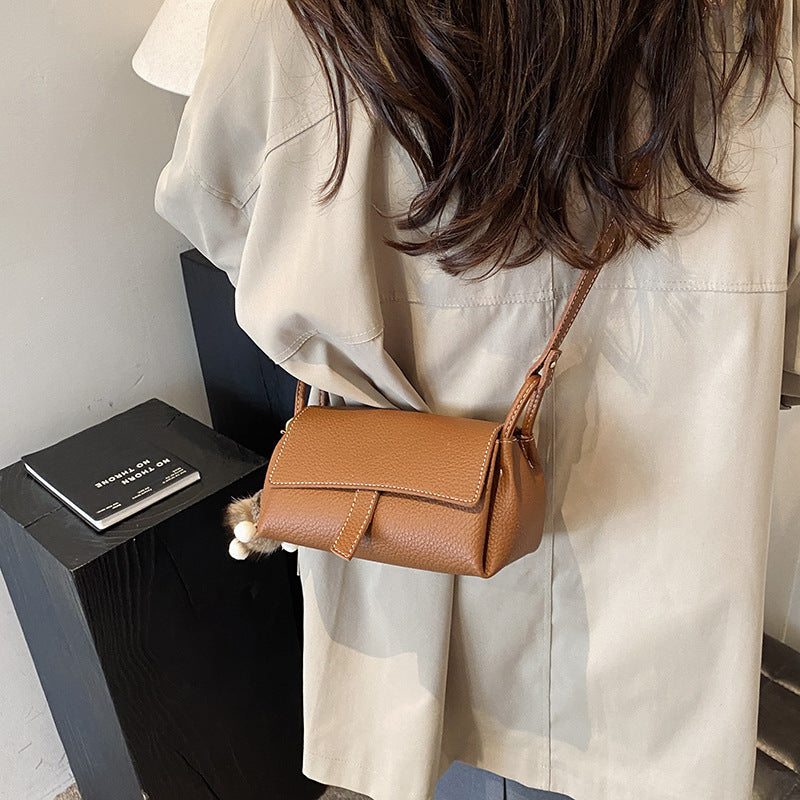Taupe Brown Leather Crossbody Bag - Structured Flap Bag with Braided Strap & Hedgehog Charm | Small Shoulder Bag