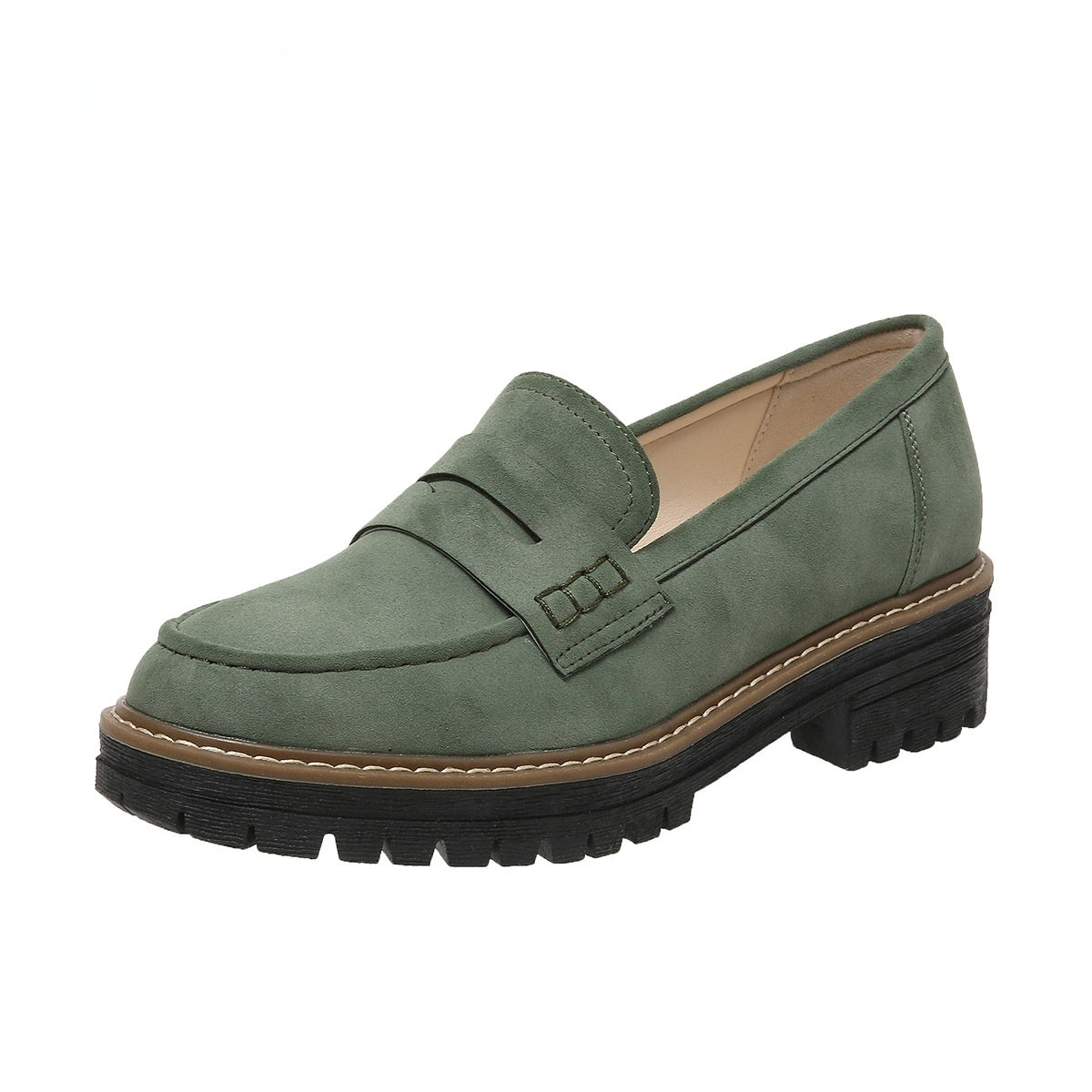 Black Suede Lug Sole Penny Loafers for Women | Chunky Platform Slip-On Loafers | Tan Welt Stitch Detail Loafers | Casual Smart Street Style Shoes