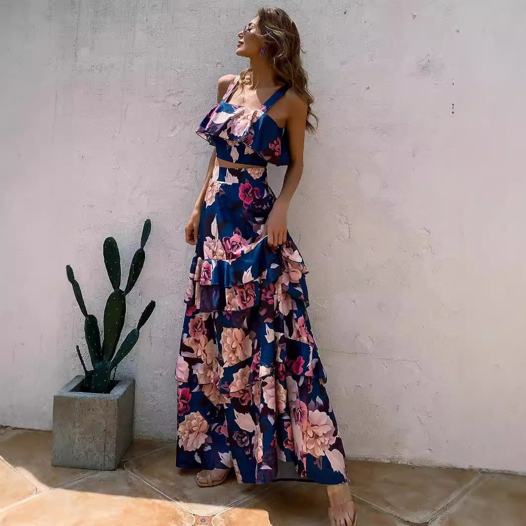 Women's 2 Piece Floral Print Crop Top & Tiered Ruffle Maxi Skirt Set - Blue Pink Spaghetti Strap Summer Boho Vacation Co-Ord Set