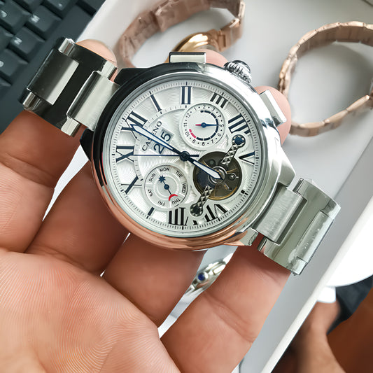 Caseno Men's Tourbillon Multifunction Watch | White Dial Roman Numeral Day Date Moon Phase Brown Leather Strap Automatic Style