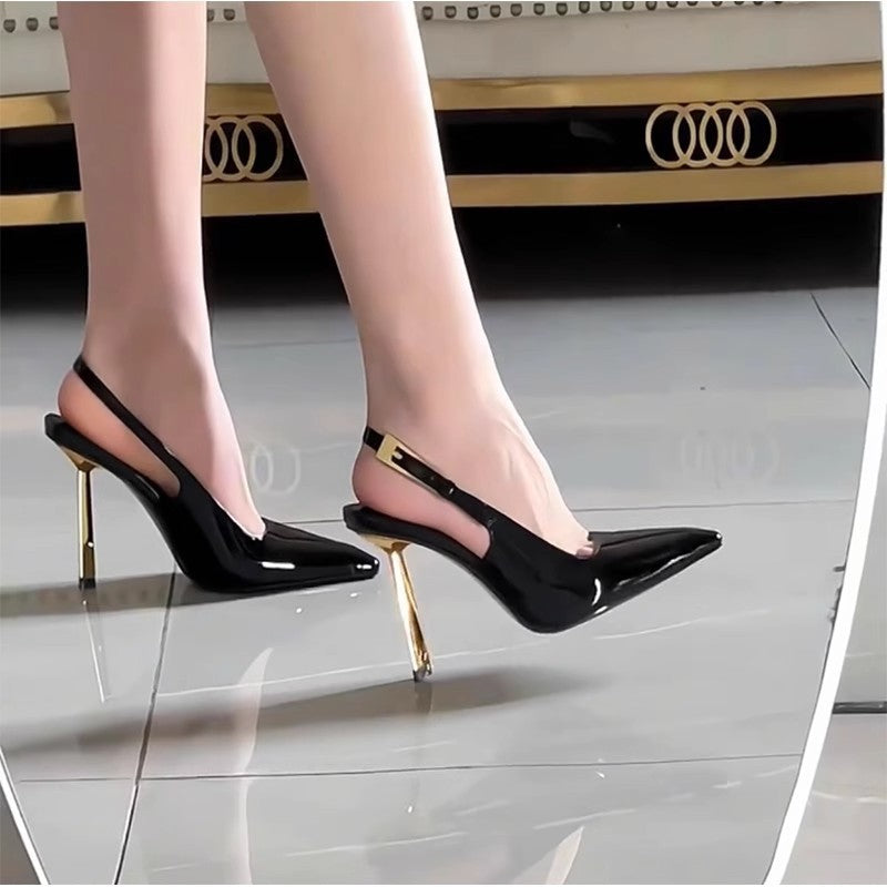 Black Patent Leather Gold Metal Heel Slingback Pumps | Women's Pointed Toe Luxury Stiletto Heels