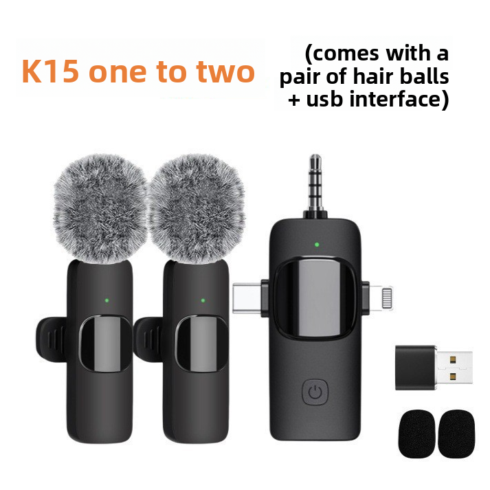 K15 Wireless Lavalier Microphone 1-to-2 | Dual Clip-On Mic for iPhone Android & Camera | USB Type-C Lightning 3.5mm Vlogging Mic